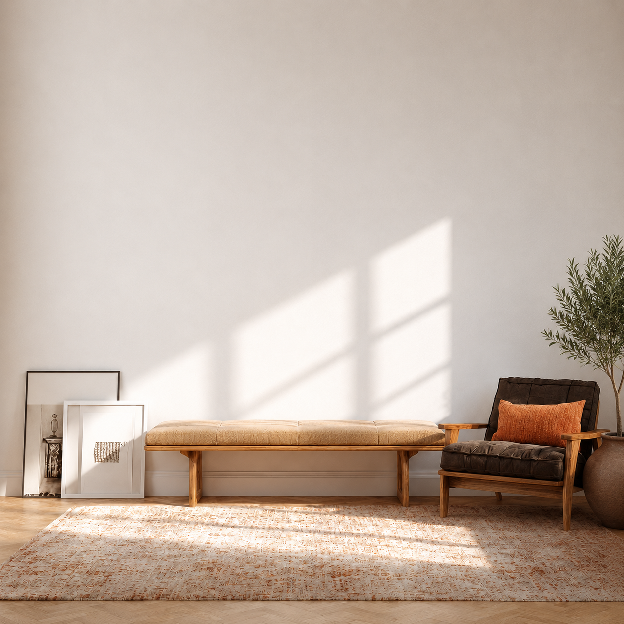 Phòng khách với sofa và mảng tường treo tranh